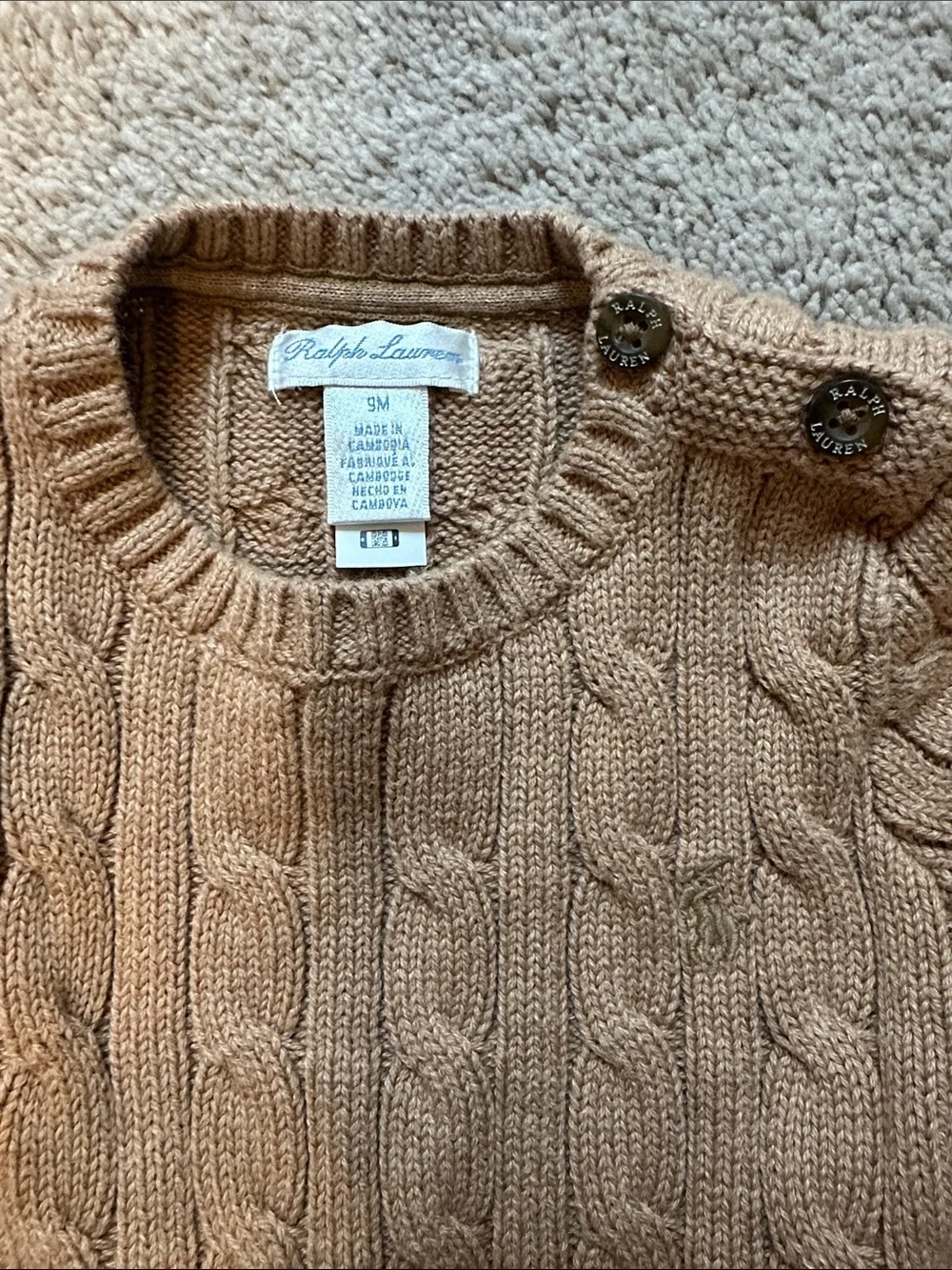 Worn Once - 6-9M Cable Knit Button-Shoulder Sweater in Tan